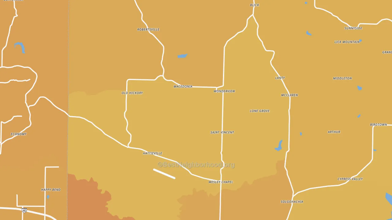 Map of the best neighborhoods in the Hattieville area, with better matches in green and worse matches in red