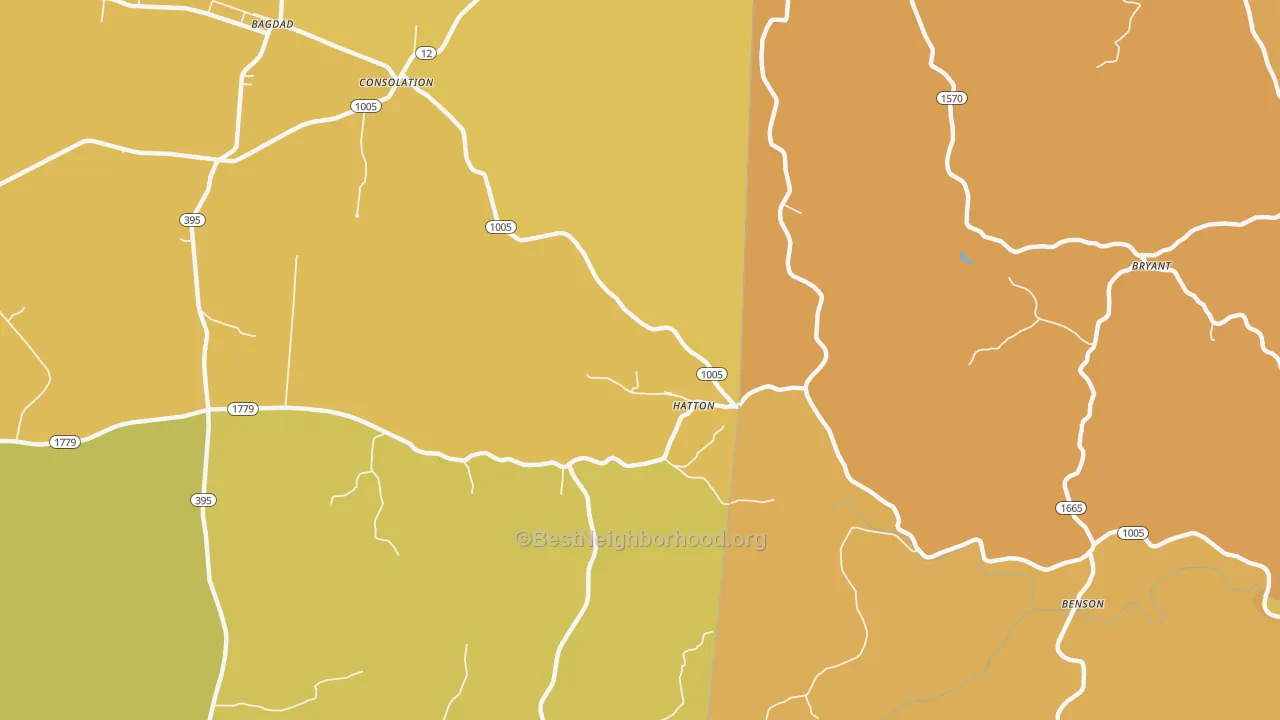 Map of the best neighborhoods in the Hatton area, with better matches in green and worse matches in red