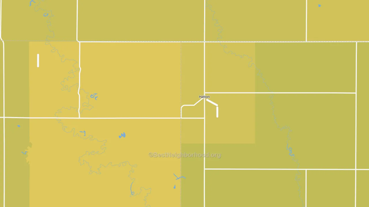 Map of the best neighborhoods in the Hatton area, with better matches in green and worse matches in red