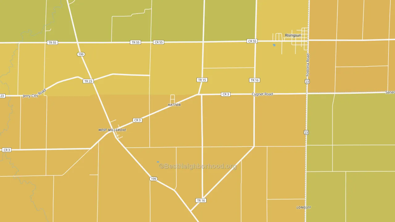 Map of the best neighborhoods in the Hatton area, with better matches in green and worse matches in red