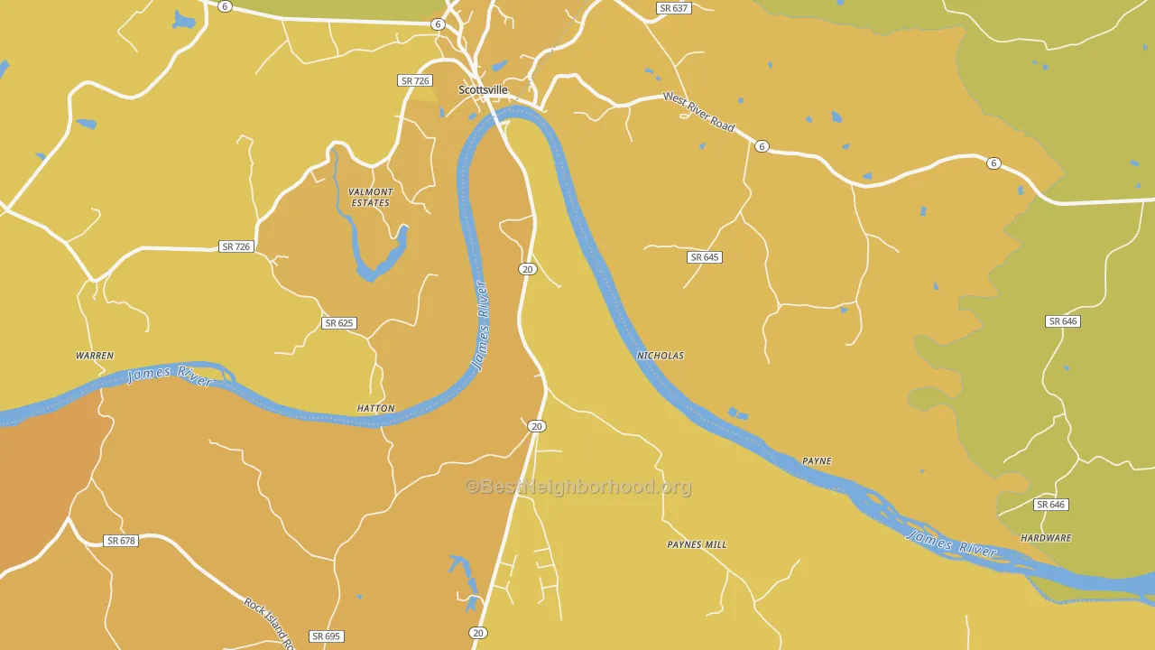 Map of the best neighborhoods in the Hatton area, with better matches in green and worse matches in red