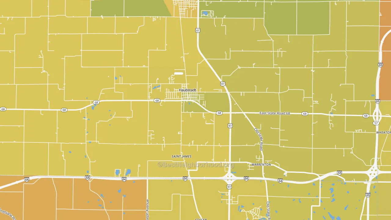 Map of the best neighborhoods in the Haubstadt area, with better matches in green and worse matches in red