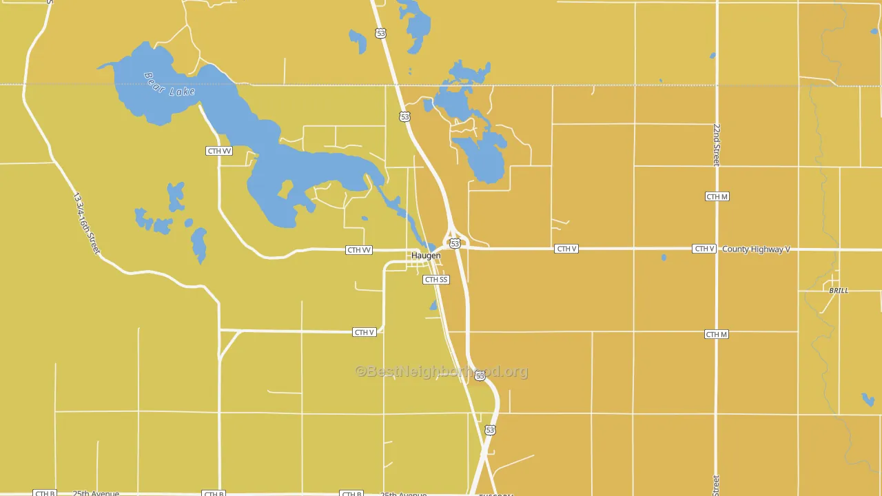 Map of the best neighborhoods in the Haugen area, with better matches in green and worse matches in red