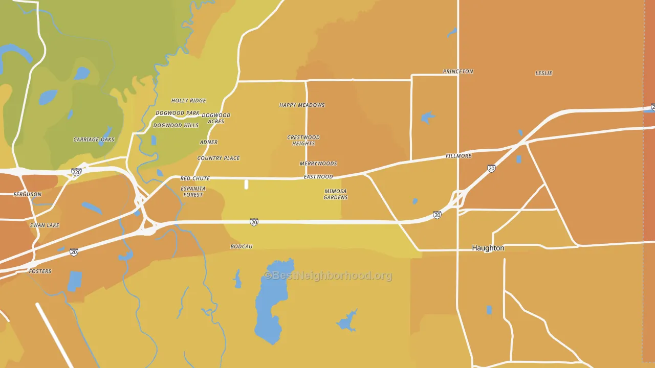 Map of the best neighborhoods in the Haughton area, with better matches in green and worse matches in red