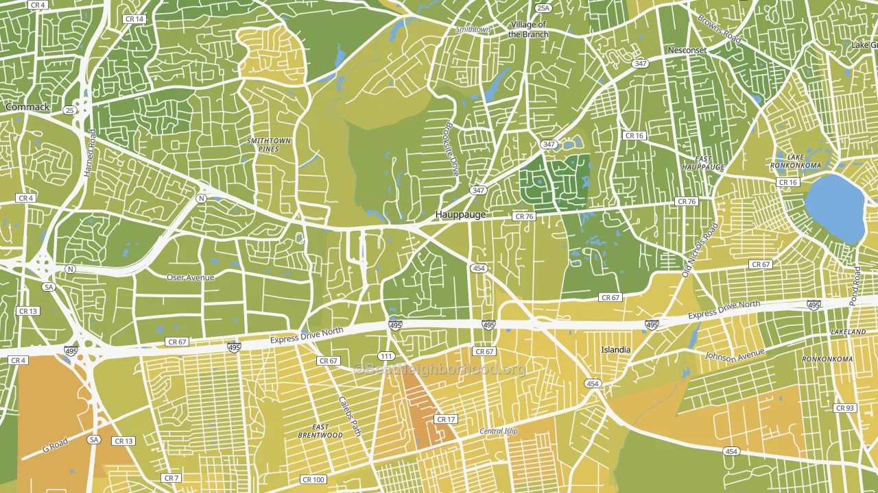 Map of the best neighborhoods in the Hauppauge area, with better matches in green and worse matches in red