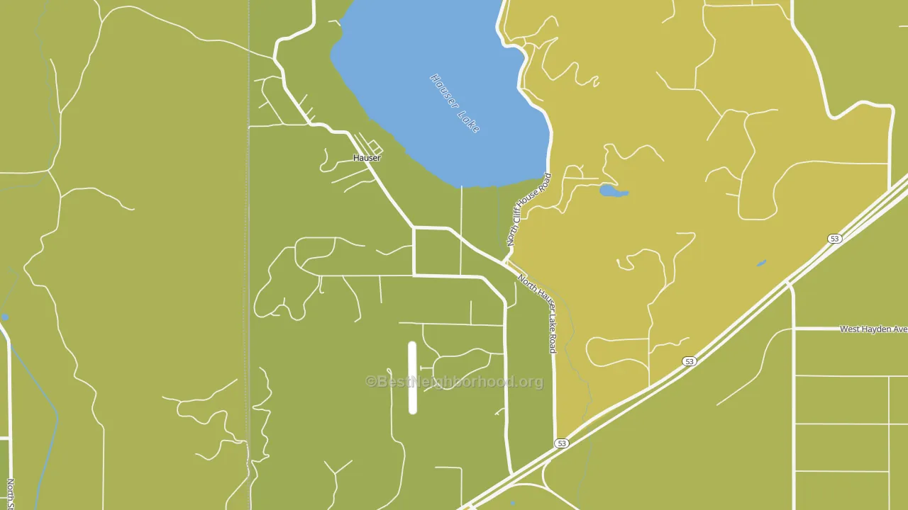 Map of the best neighborhoods in the Hauser area, with better matches in green and worse matches in red