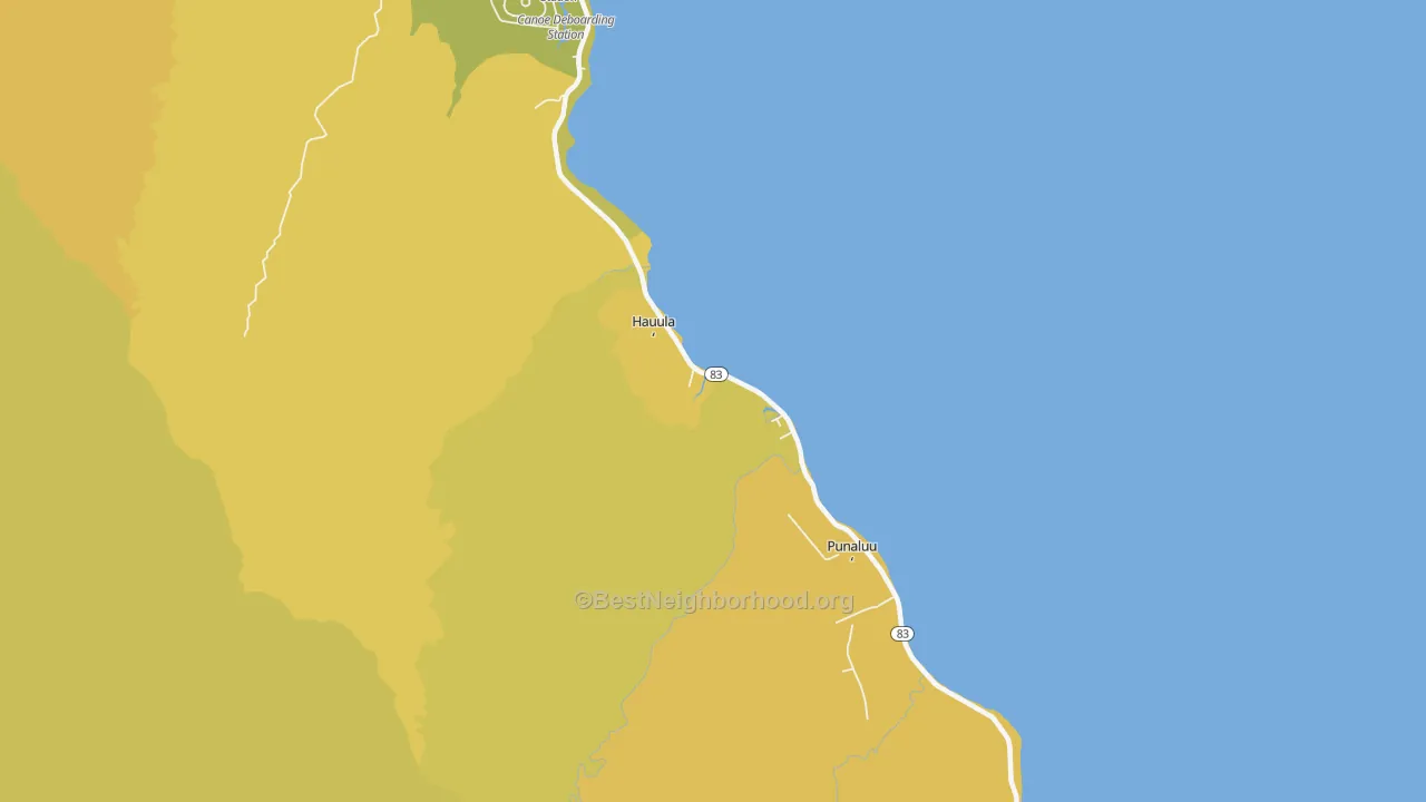 Map of the best neighborhoods in the Hauula area, with better matches in green and worse matches in red