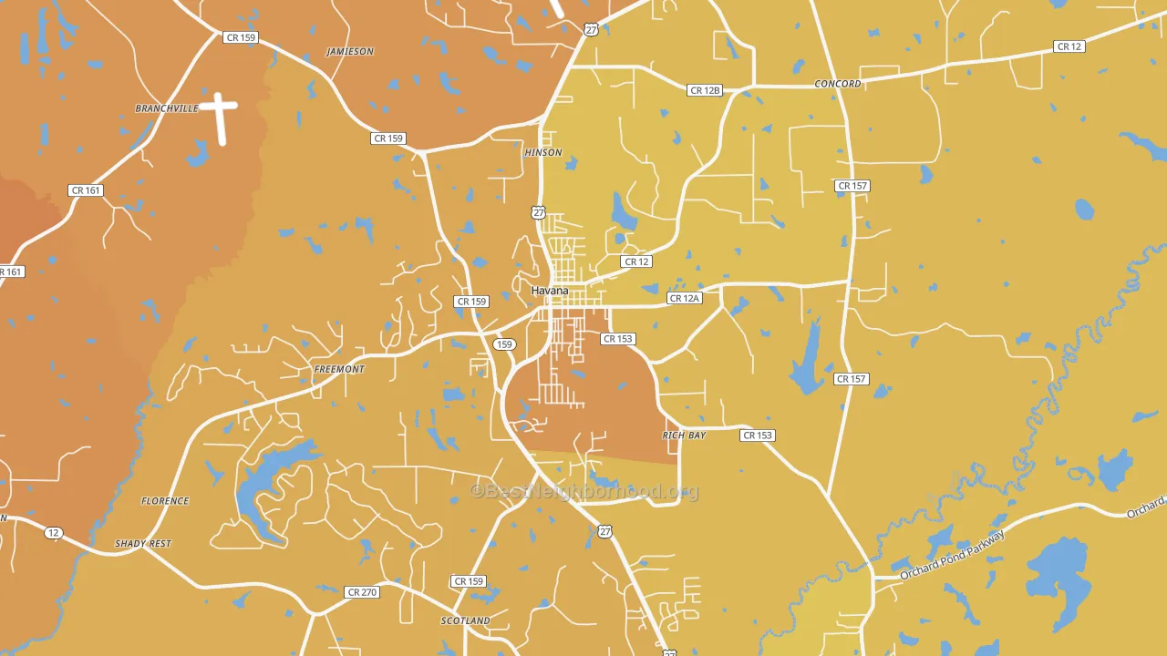 Map of the best neighborhoods in the Havana area, with better matches in green and worse matches in red