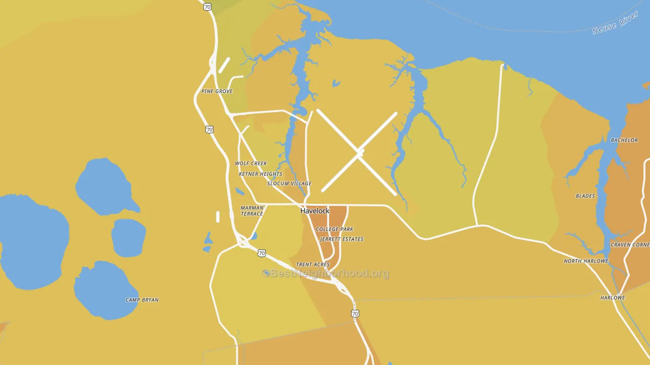 Map of the best neighborhoods in the Havelock area, with better matches in green and worse matches in red