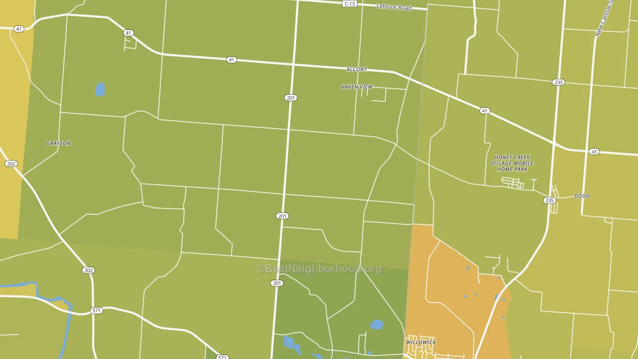 Map of the best neighborhoods in the Haven View area, with better matches in green and worse matches in red