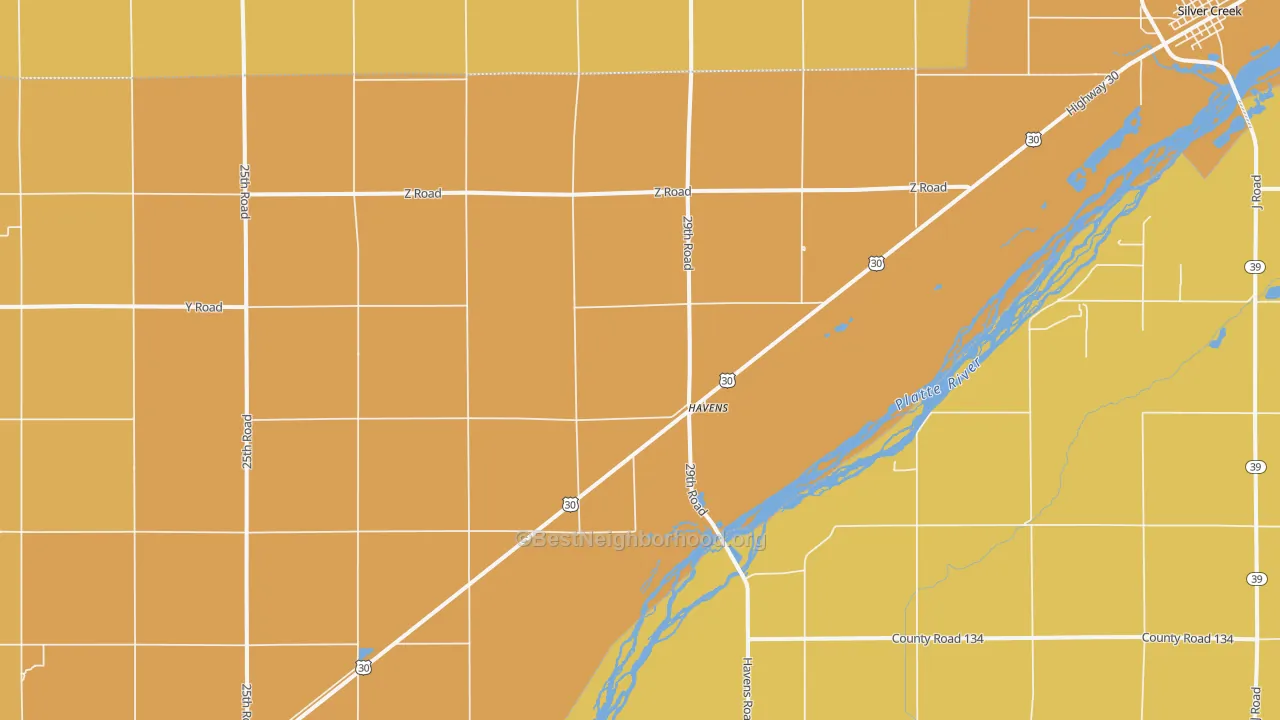 Map of the best neighborhoods in the Havens area, with better matches in green and worse matches in red
