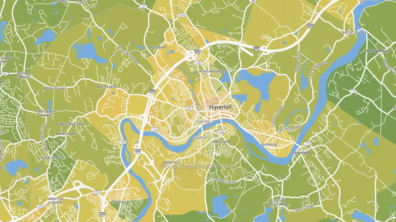 Map of the best neighborhoods in the Haverhill area, with better matches in green and worse matches in red