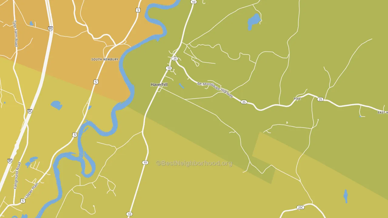 Map of the best neighborhoods in the Haverhill area, with better matches in green and worse matches in red