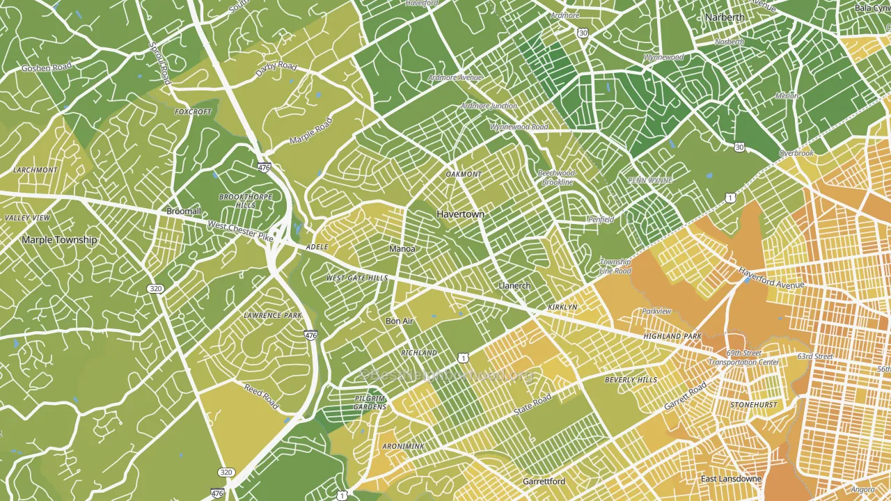 Map of the best neighborhoods in the Havertown area, with better matches in green and worse matches in red