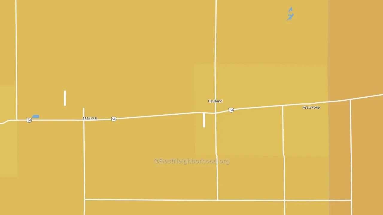 Map of the best neighborhoods in the Haviland area, with better matches in green and worse matches in red