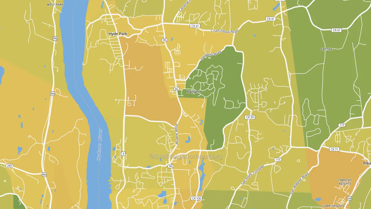 Map of the best neighborhoods in the Haviland area, with better matches in green and worse matches in red