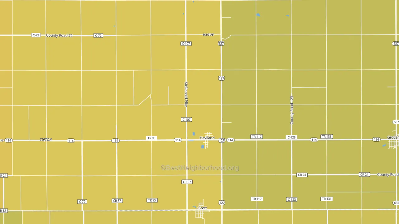Map of the best neighborhoods in the Haviland area, with better matches in green and worse matches in red