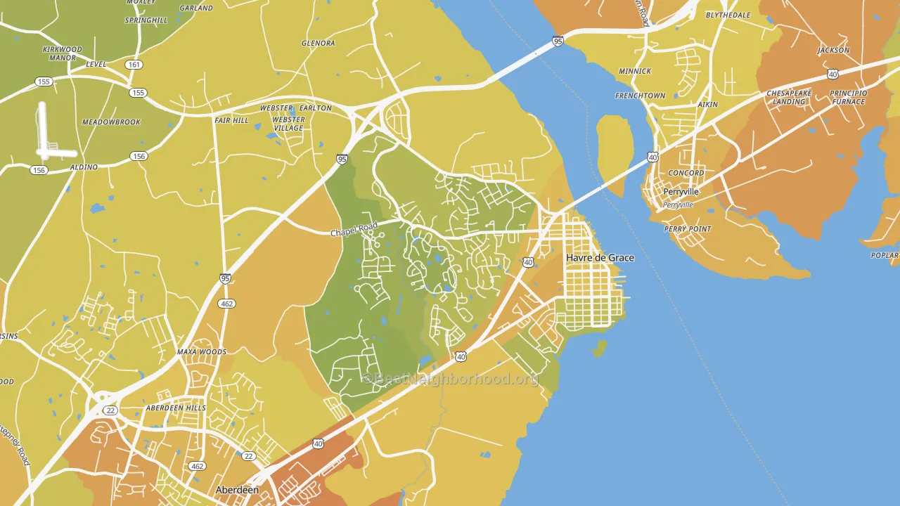 Map of the best neighborhoods in the Havre de Grace area, with better matches in green and worse matches in red