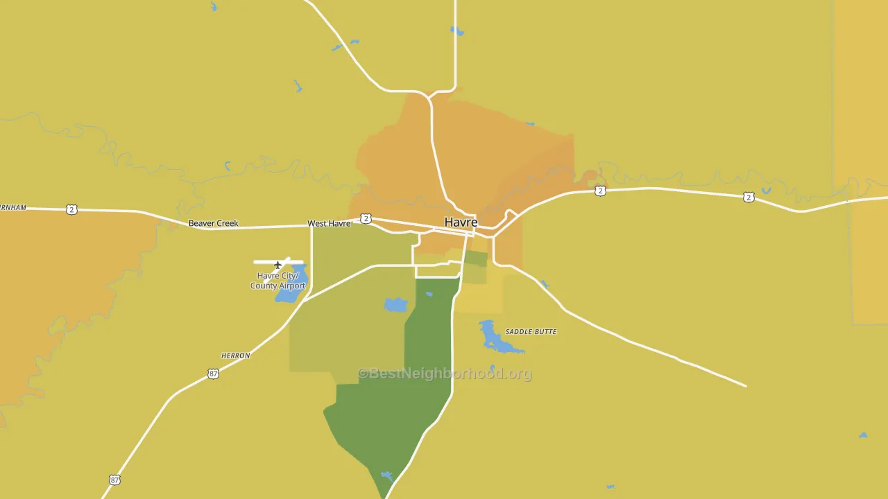 Map of the best neighborhoods in the Havre area, with better matches in green and worse matches in red