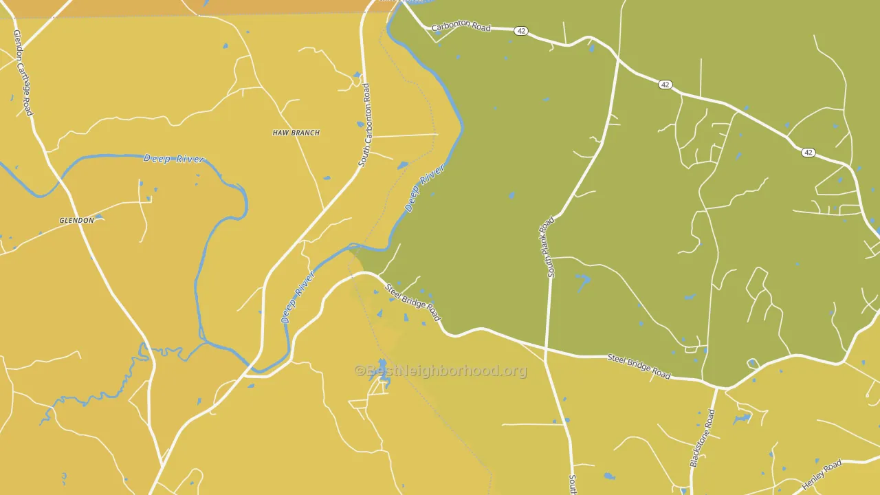 Map of the best neighborhoods in the Haw Branch area, with better matches in green and worse matches in red