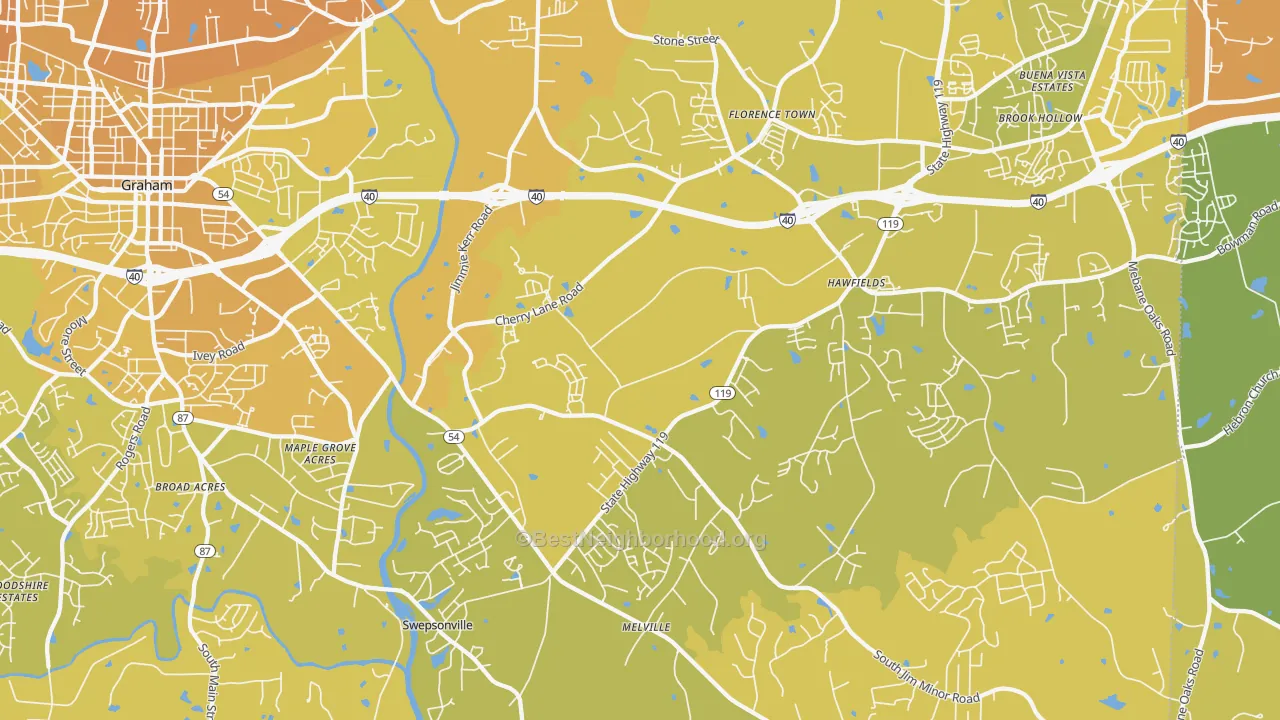 Map of the best neighborhoods in the Haw River area, with better matches in green and worse matches in red