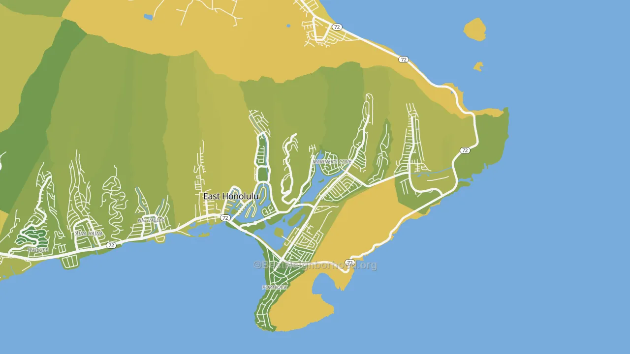 Map of the best neighborhoods in the Hawaii Kai, East Honolulu area, with better matches in green and worse matches in red