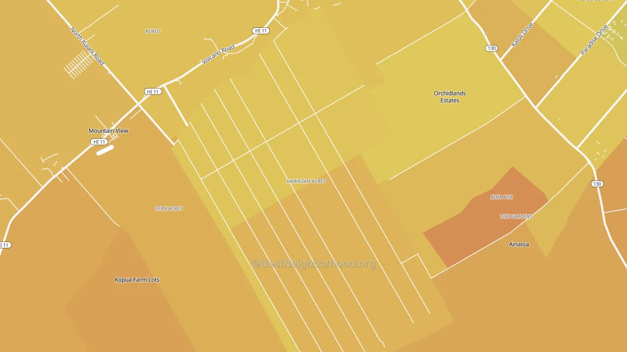 Map of the best neighborhoods in the Hawaiian Acres, Keaau area, with better matches in green and worse matches in red