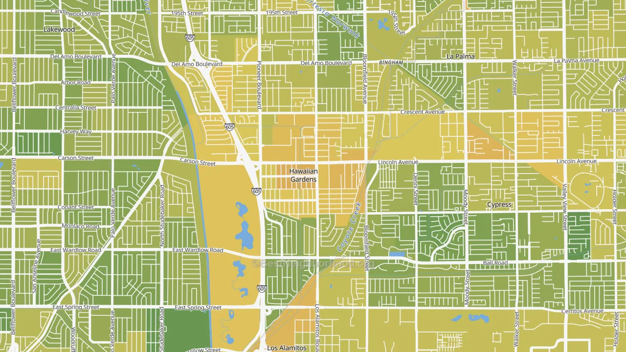 Map of the best neighborhoods in the Hawaiian Gardens area, with better matches in green and worse matches in red