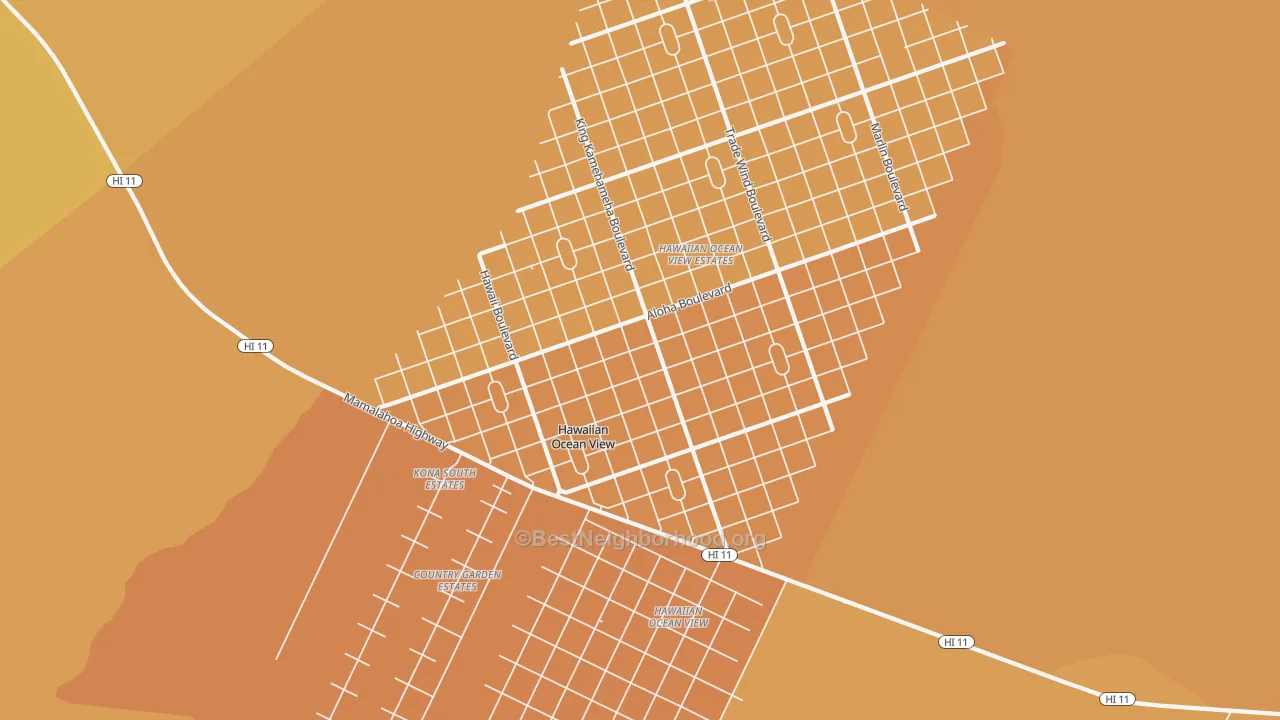Map of the best neighborhoods in the Hawaiian Ocean View area, with better matches in green and worse matches in red