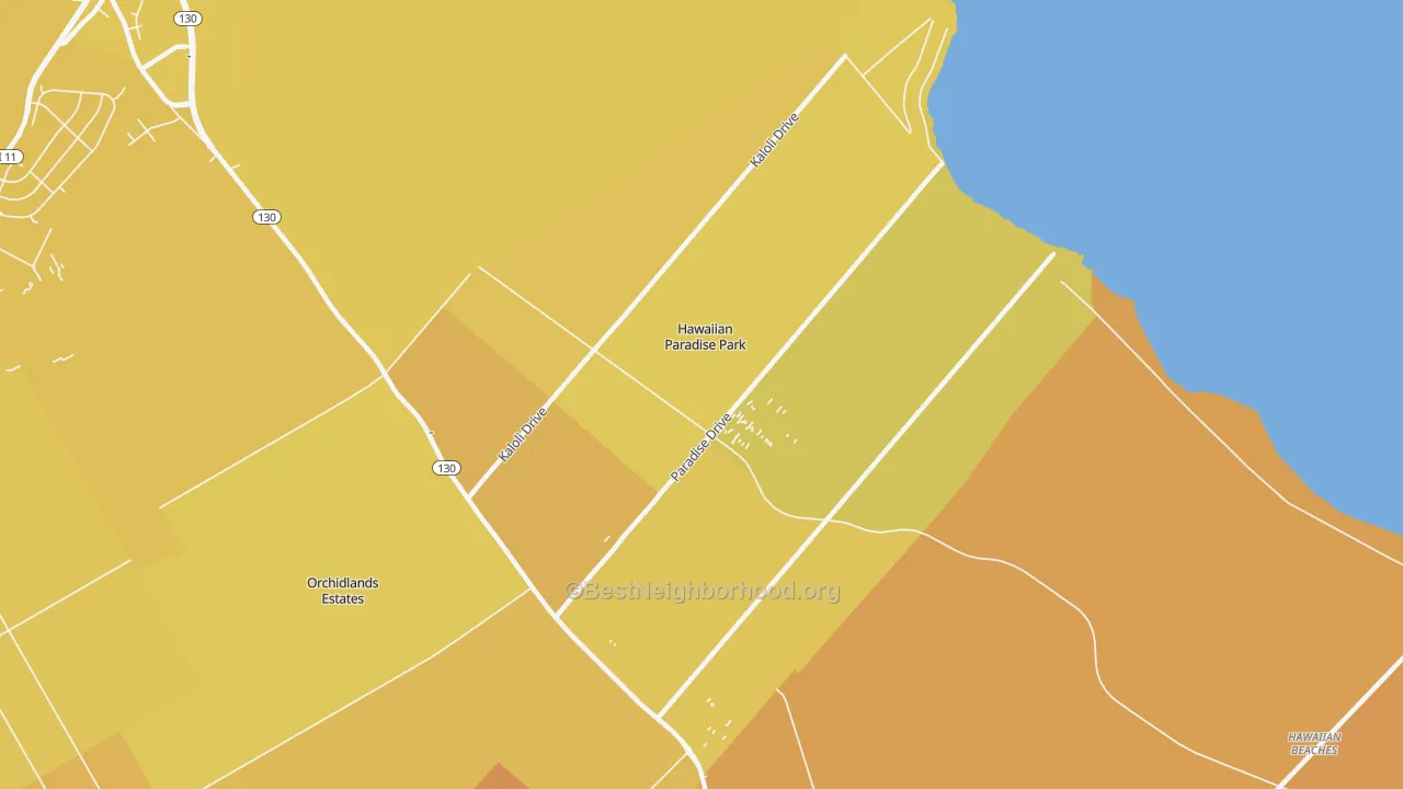 Map of the best neighborhoods in the Hawaiian Paradise Park area, with better matches in green and worse matches in red