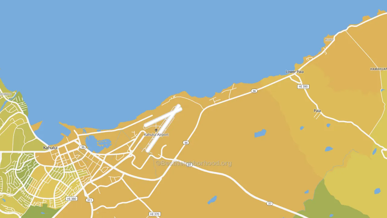 Map of the best neighborhoods in the Hawaiian Village area, with better matches in green and worse matches in red