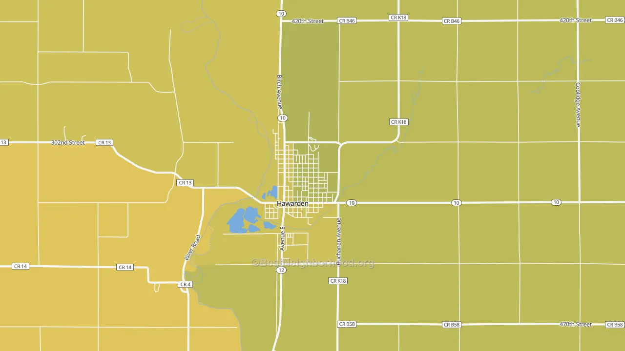 Map of the best neighborhoods in the Hawarden area, with better matches in green and worse matches in red
