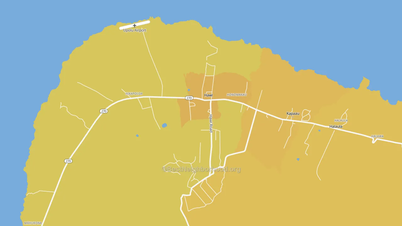 Map of the best neighborhoods in the Hawi area, with better matches in green and worse matches in red