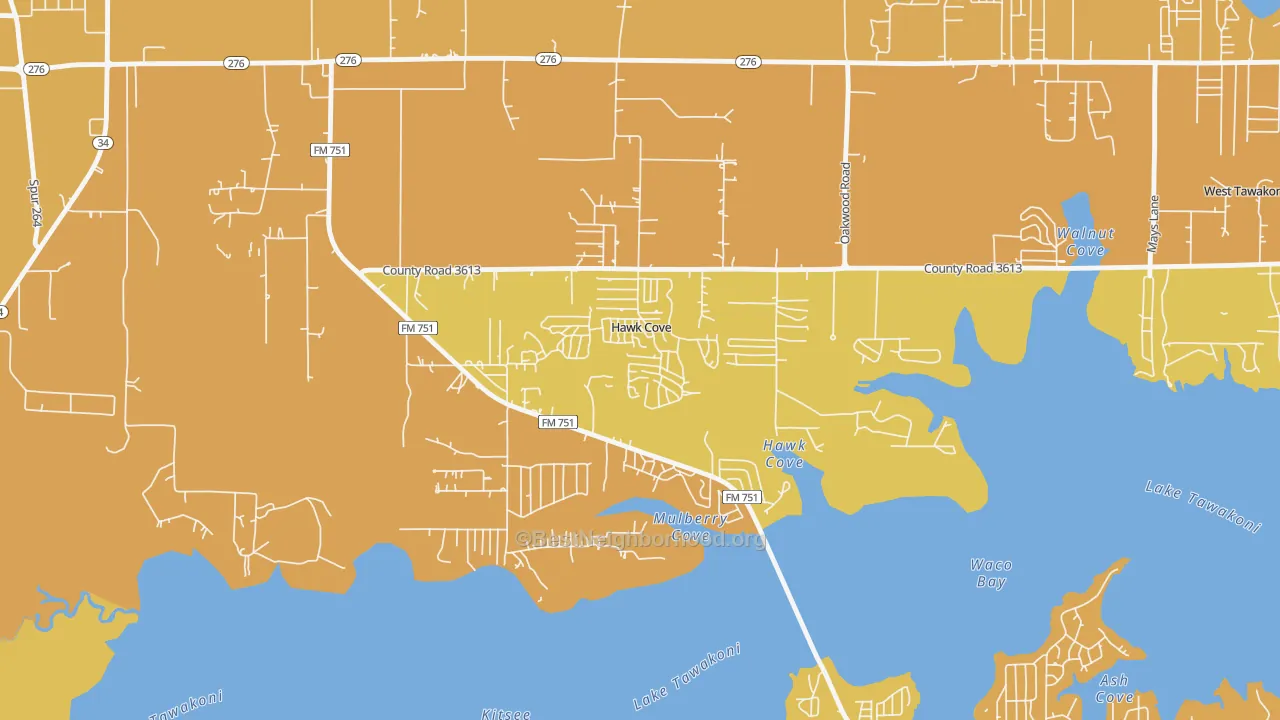 Map of the best neighborhoods in the Hawk Cove area, with better matches in green and worse matches in red