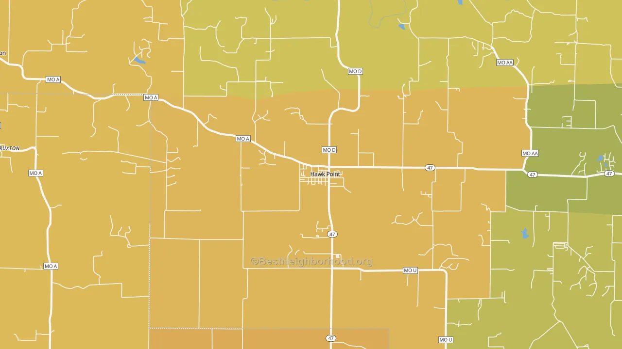 Map of the best neighborhoods in the Hawk Point area, with better matches in green and worse matches in red