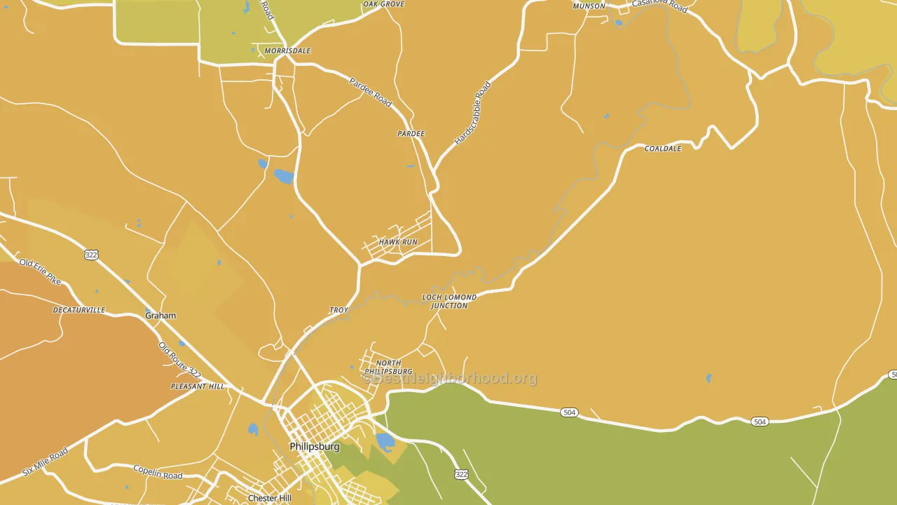 Map of the best neighborhoods in the Hawk Run area, with better matches in green and worse matches in red