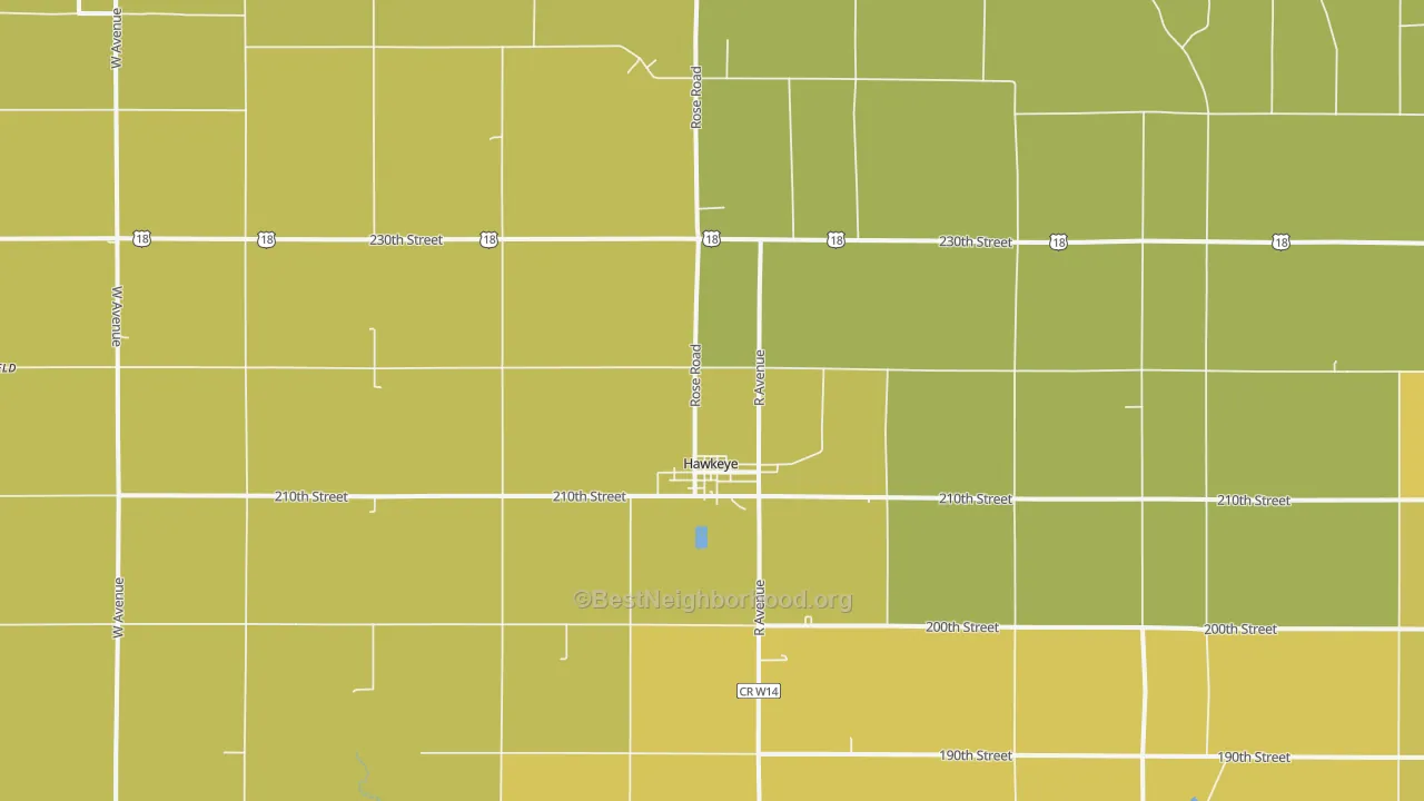 Map of the best neighborhoods in the Hawkeye area, with better matches in green and worse matches in red