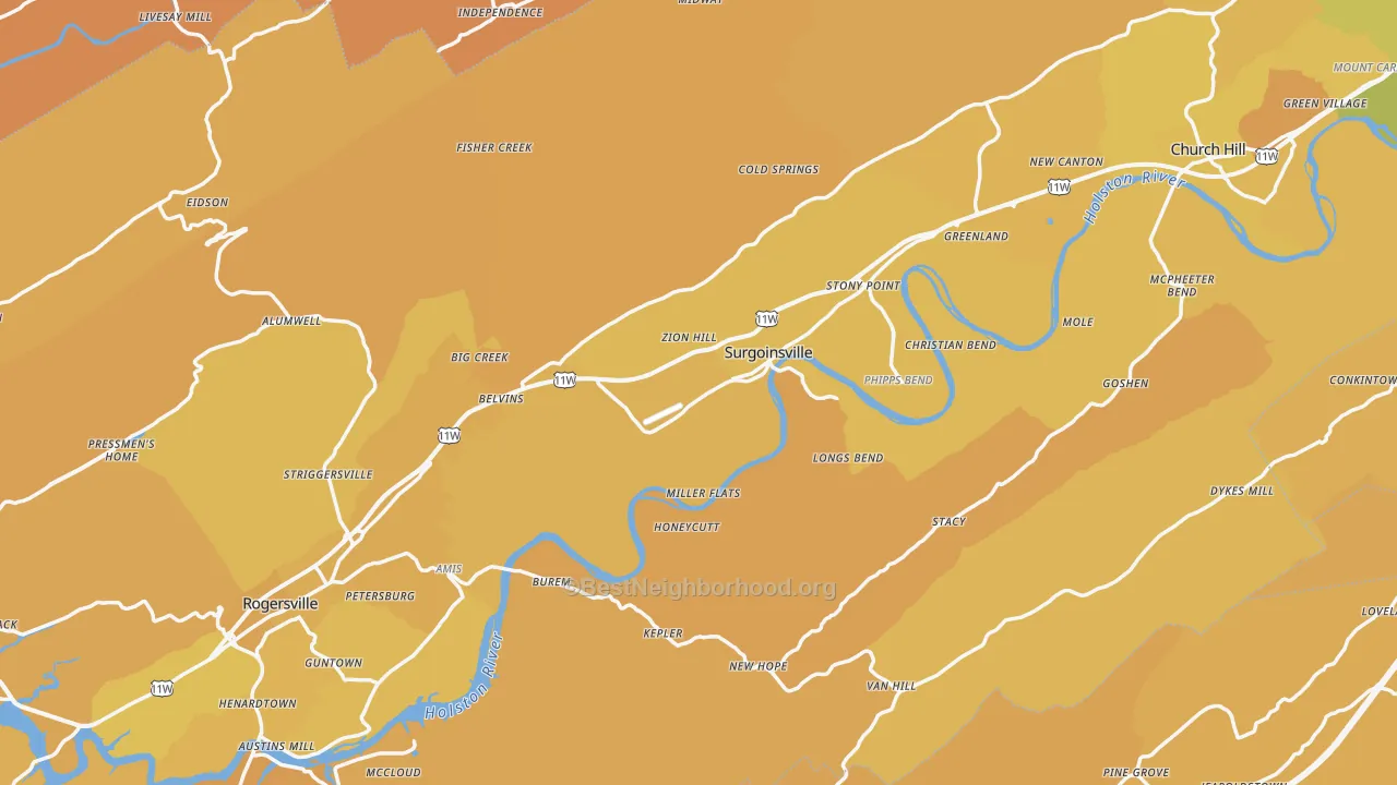 Map of the best neighborhoods in the Hawkins County area, with better matches in green and worse matches in red