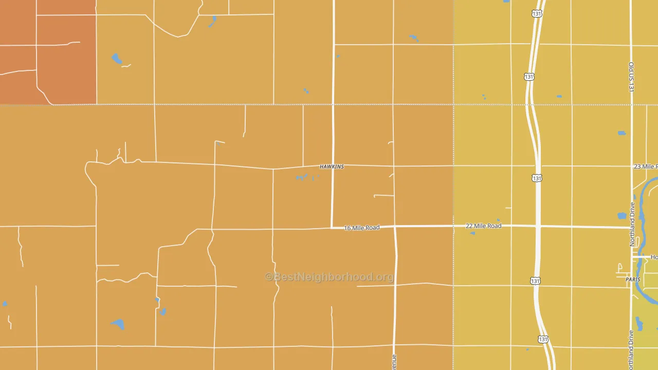 Map of the best neighborhoods in the Hawkins area, with better matches in green and worse matches in red