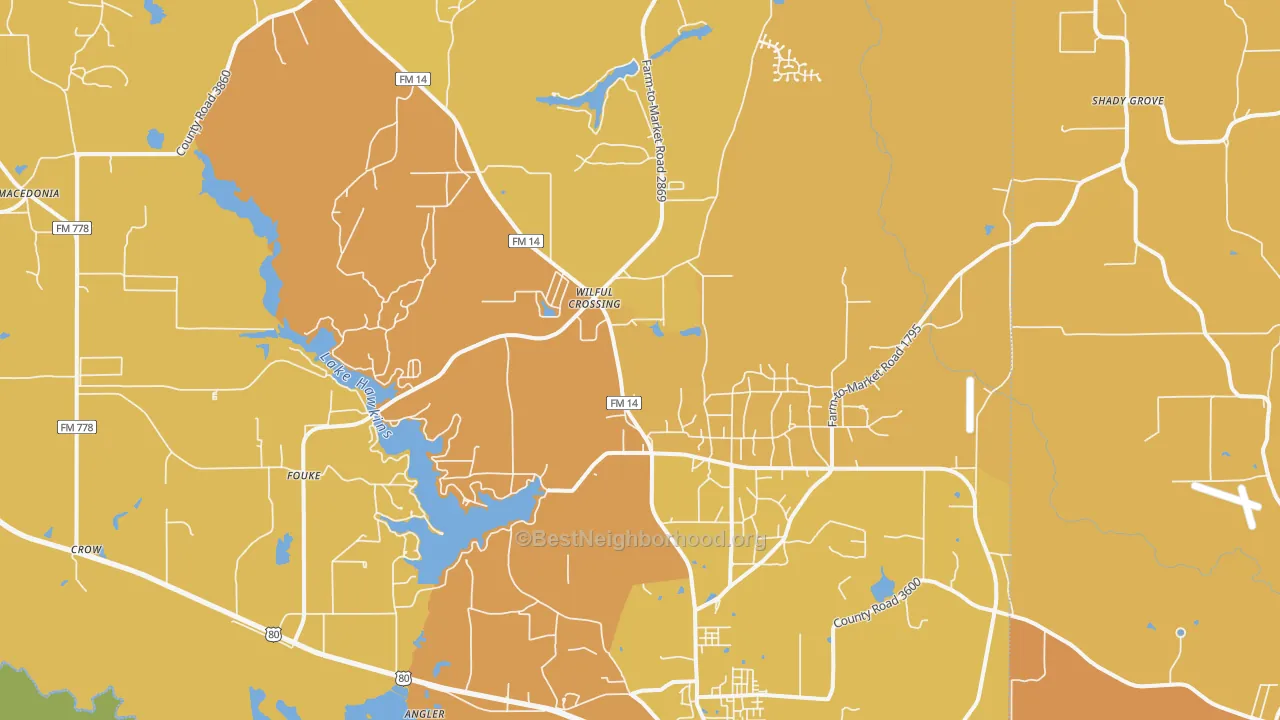 Map of the best neighborhoods in the Hawkins area, with better matches in green and worse matches in red