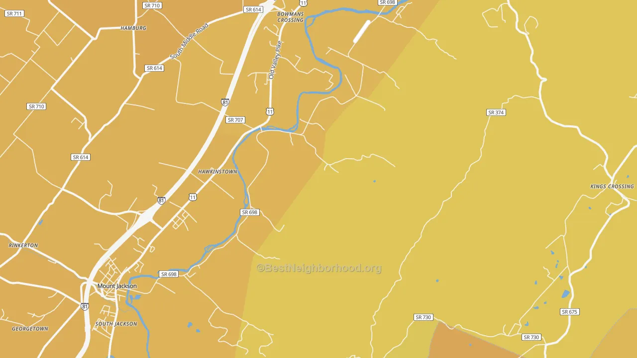 Map of the best neighborhoods in the Hawkinstown area, with better matches in green and worse matches in red