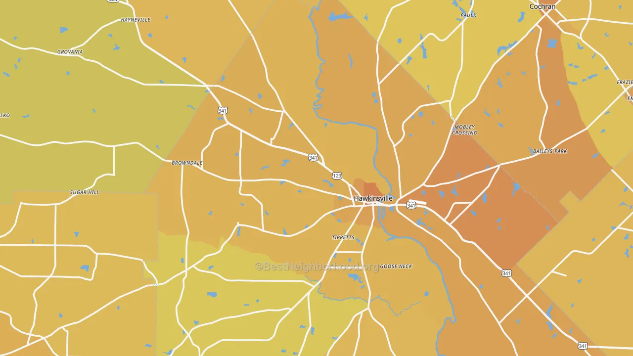 Map of the best neighborhoods in the Hawkinsville area, with better matches in green and worse matches in red