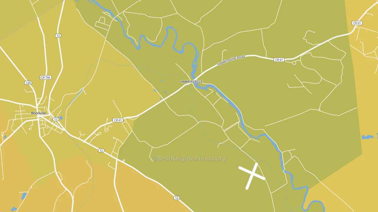 Map of the best neighborhoods in the Hawkinsville area, with better matches in green and worse matches in red