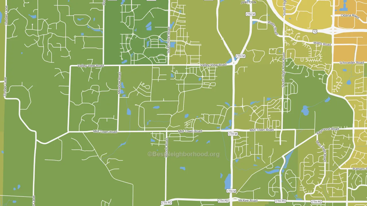 Map of the best neighborhoods in the Hawk's Landing, Verona area, with better matches in green and worse matches in red