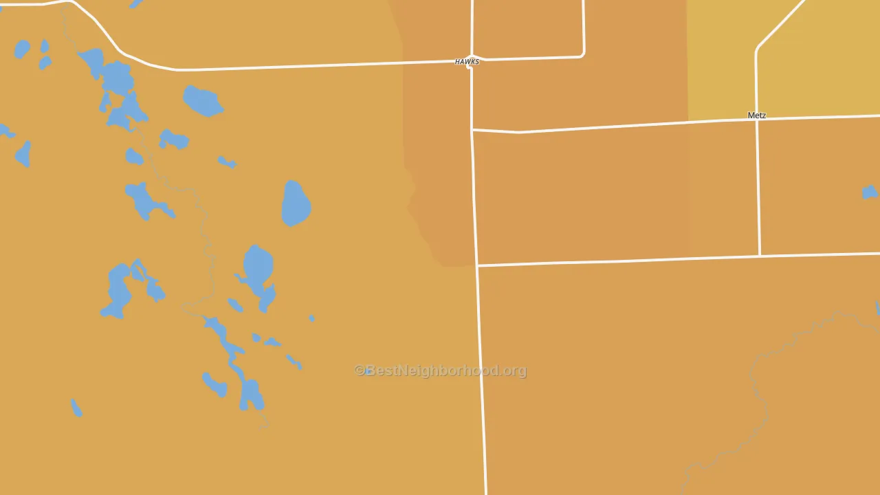 Map of the best neighborhoods in the Hawks area, with better matches in green and worse matches in red