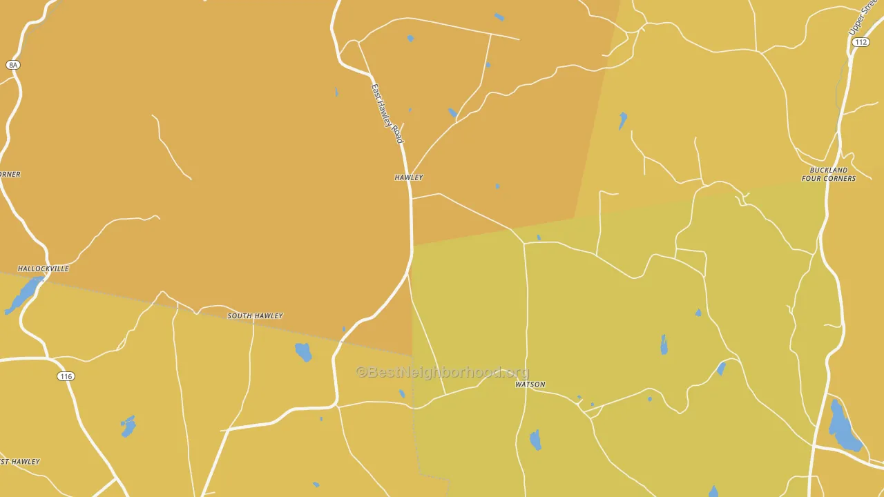 Map of the best neighborhoods in the Hawley area, with better matches in green and worse matches in red