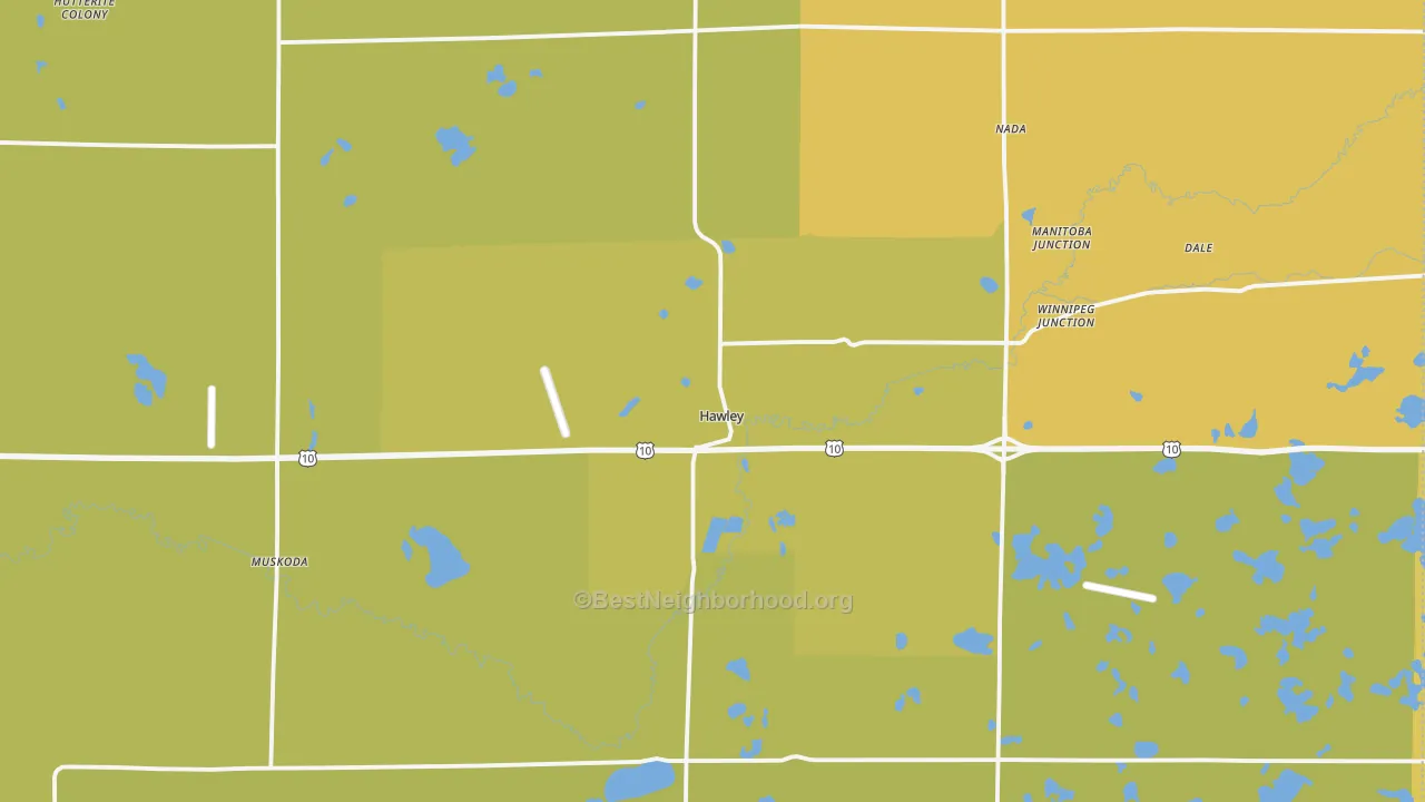 Map of the best neighborhoods in the Hawley area, with better matches in green and worse matches in red