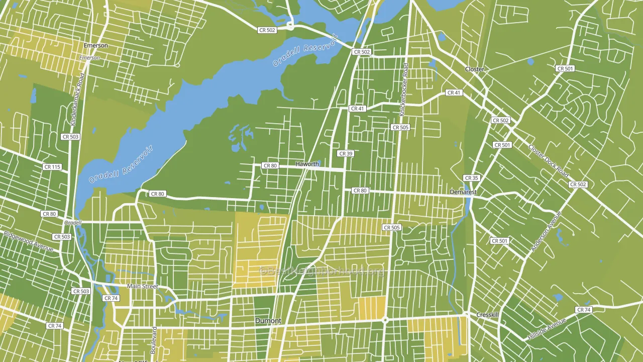 Map of the best neighborhoods in the Haworth area, with better matches in green and worse matches in red