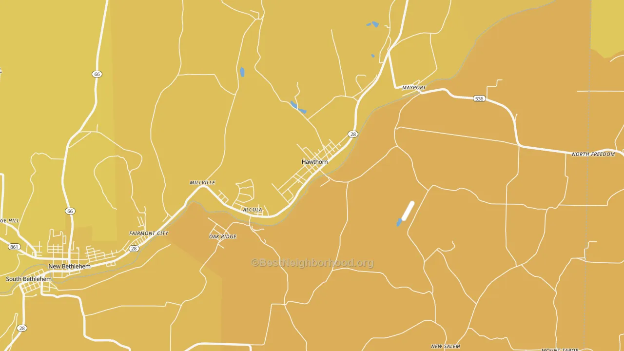 Map of the best neighborhoods in the Hawthorn area, with better matches in green and worse matches in red