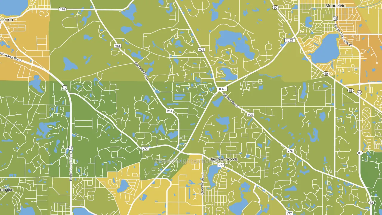 Map of the best neighborhoods in the Hawthorn Woods area, with better matches in green and worse matches in red